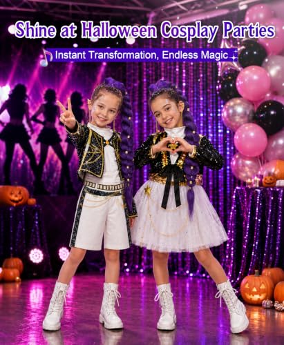 Behufun Girls Halloween Costume, Pop Singer Costume, Top Pants with Purple Braid for Cosplay Birthday Party, 4-12 Years