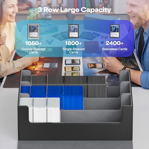 UAONO Trading Card Storage Box Holds 2400+ Cards, Bulk Card Storage | Magnetic Closure PU Leather Card Organizer with 10 Dividers & 3 Stoppers for MTG, PTCG, TCG, Sports Cards (Black)