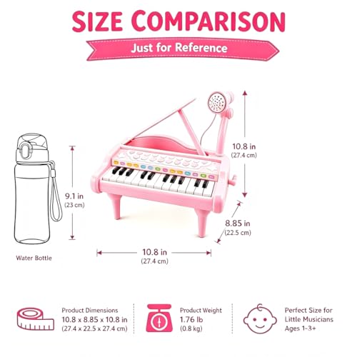 Love&Mini Piano Toys for Girls, 24-Key with Mic, Record & Playback, Ages 3+ | Kids Piano with 22 songs, 8 Percussion Sounds, LED lights, 4 Instrument Modes and Connect to MP3, Phone & Tablet