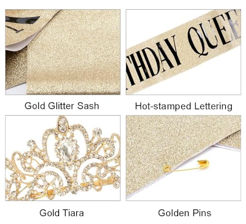 COCIDE Birthday Decorations for Women Sash and Tiara Crown for Party Gold | Happy Birthday Crowns for Adult Women, Party Decor Kit, Rhinestone Headband, Glitter Crystal Hair Accessories, Cake Topper