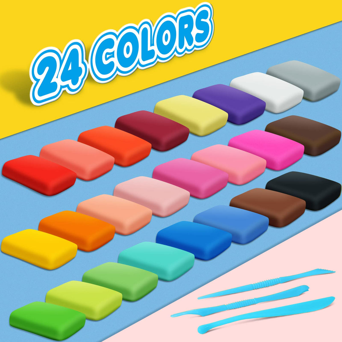 Air Dry Clay, 24 Colors Modeling Magic Clay for Kids | Includes Tools, Soft & Ultra Light, Ages 3-8+ Years, Boys & Girls