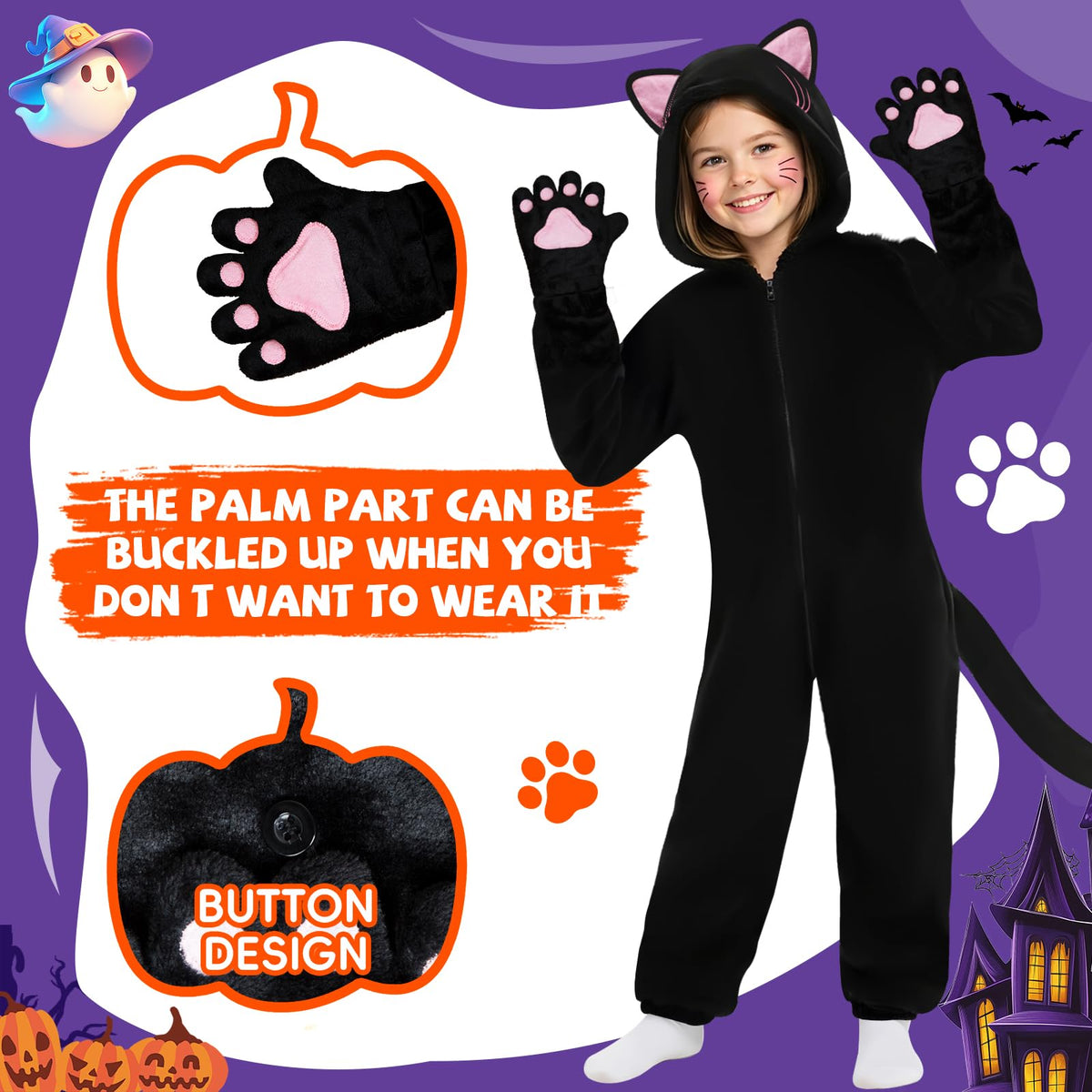 Halloween Cat Costume for Girls - Animal Costume Dress Up Gifts for Kids | Black Cat Halloween Costumes for Kids Age 3-10, Cheetah Costume Onesie, 3D Hood, Gifts for Birthday Party Cosplay, Role Play
