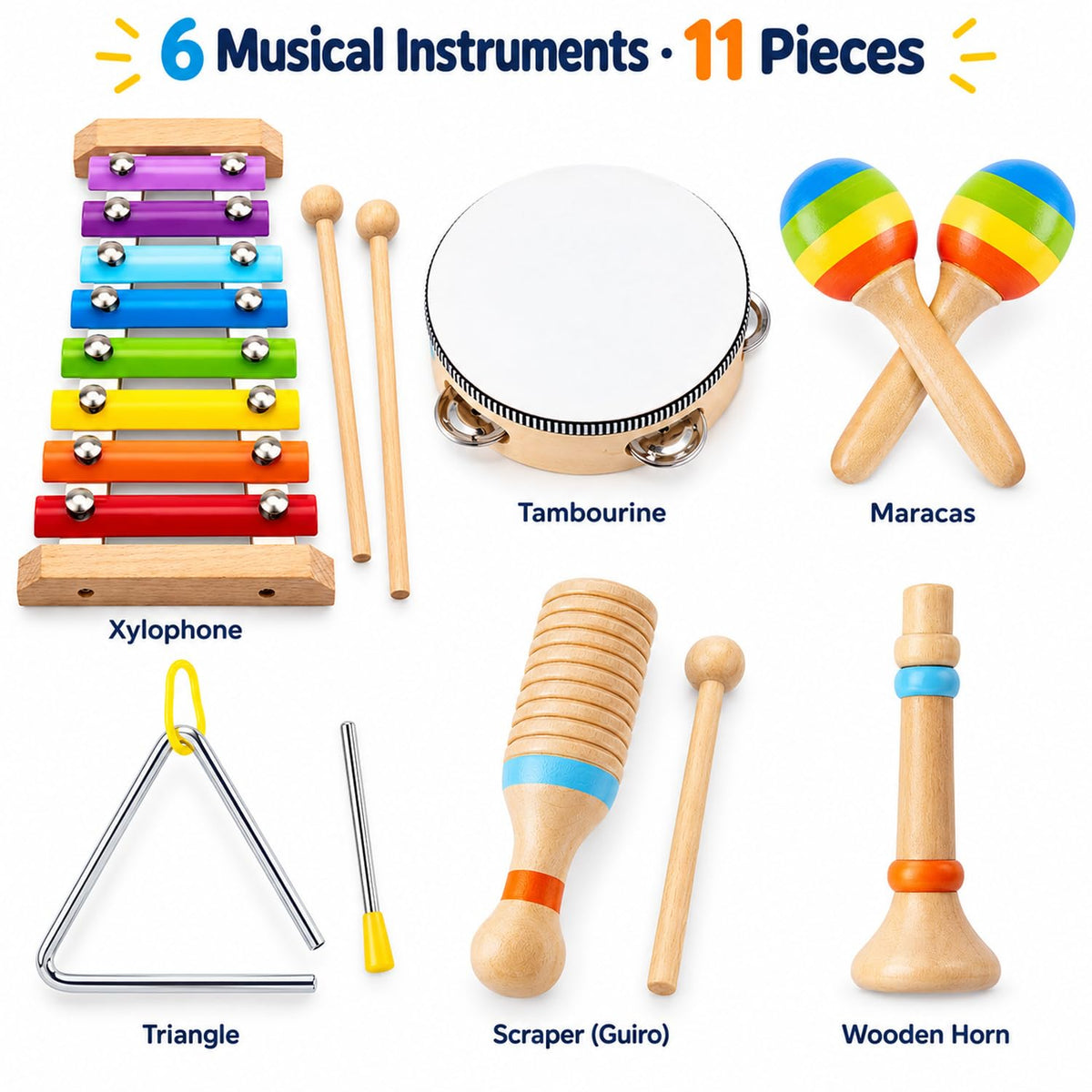 Montessori Wooden Musical Instruments Toys for Kids,Educational Drum Set for Kids with Xylophone & Maracas and More,Preschool Music Toys for Boys and Girls,Christmas Birthday Gift