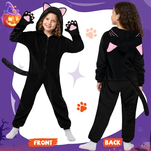 Halloween Cat Costume for Girls - Animal Costume Dress Up Gifts for Kids | Black Cat Halloween Costumes for Kids Age 3-10, Cheetah Costume Onesie, 3D Hood, Gifts for Birthday Party Cosplay, Role Play