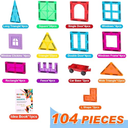 OugerToy 104PCS Magnetic Tiles STEM Building Blocks for Kids Ages 3-9 | Educational Stacking Toys with Car Bases, Creative Construction Gift for Boys Girls OugerToy
