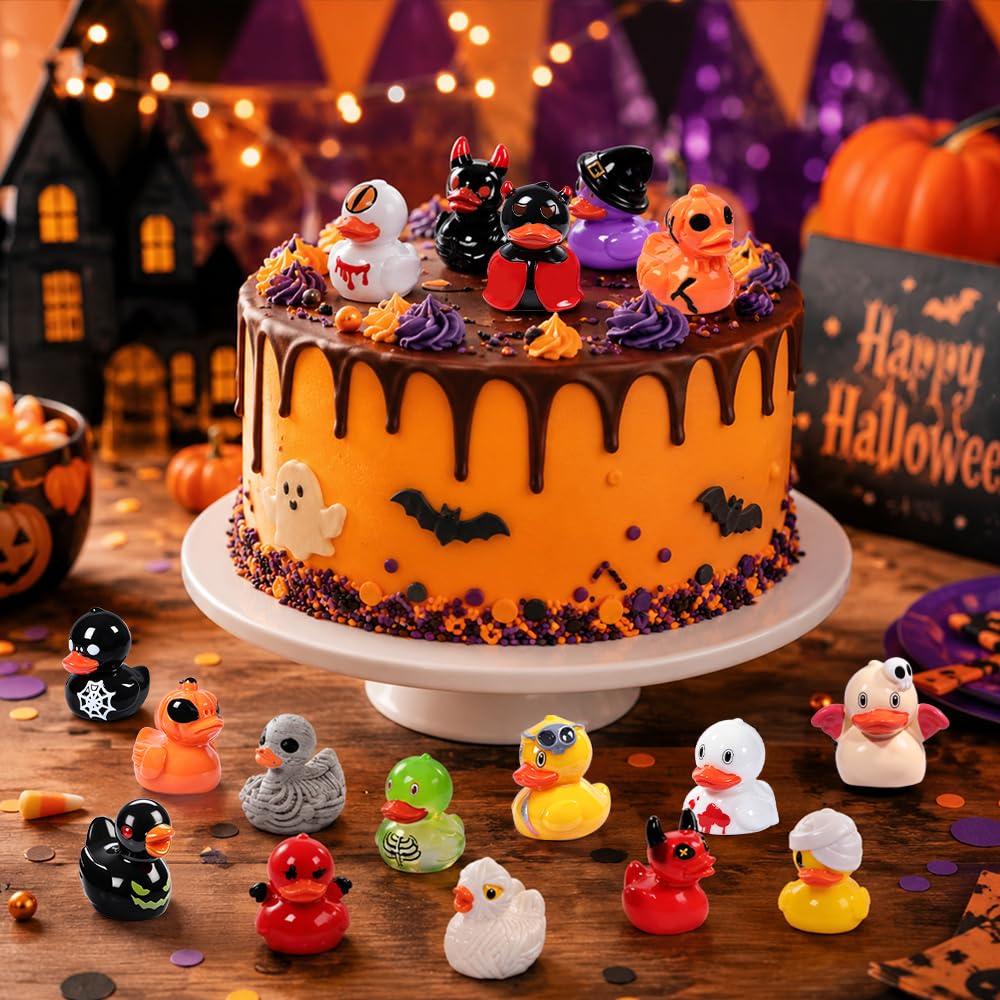 DULEFUN 61Pcs Halloween Mini Resin Duck Figures Halloween Party Favors Gift | Cute Small Little Duckies Statues Bulk Set for Office Desk Tiered Tray Decor Halloween Party Supplies Decoration