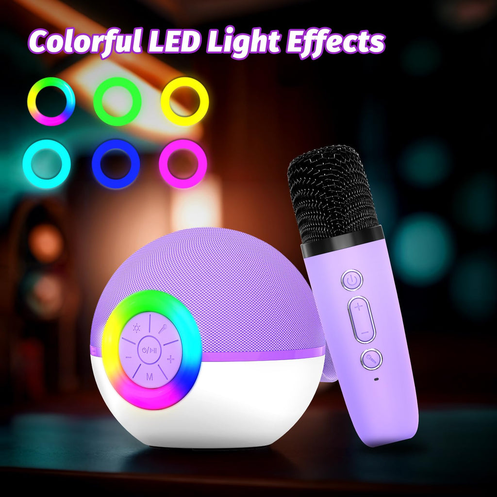 goopow Mini Karaoke Machine Speaker for Kids Adults, Portable Bluetooth Microphone Song Toys with LED Light, Best Chritmas Birthday Festival Gift for 3 4 5 6 7 8+ Year Old Girls Boys (Purple-2MIC)
