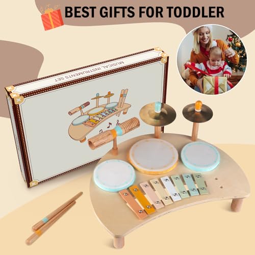 Wooden Drum Set Toys for 2-3 Year Old Montessori Musical Instruments Toy | Drum with Xylophone Birthday Gift for 18+ Months Boys Girls