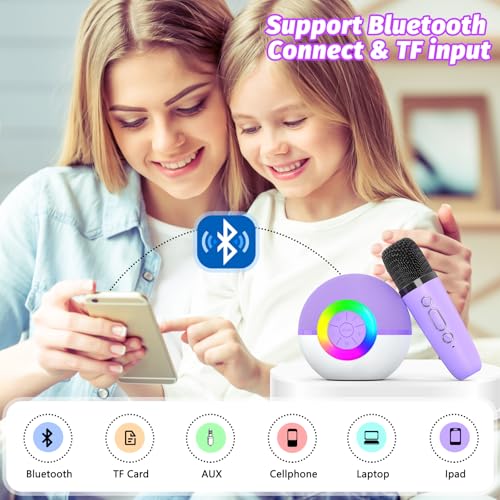 goopow Mini Karaoke Machine Speaker for Kids Adults, Portable Bluetooth Microphone Song Toys with LED Light, Best Chritmas Birthday Festival Gift for 3 4 5 6 7 8+ Year Old Girls Boys (Purple-2MIC)
