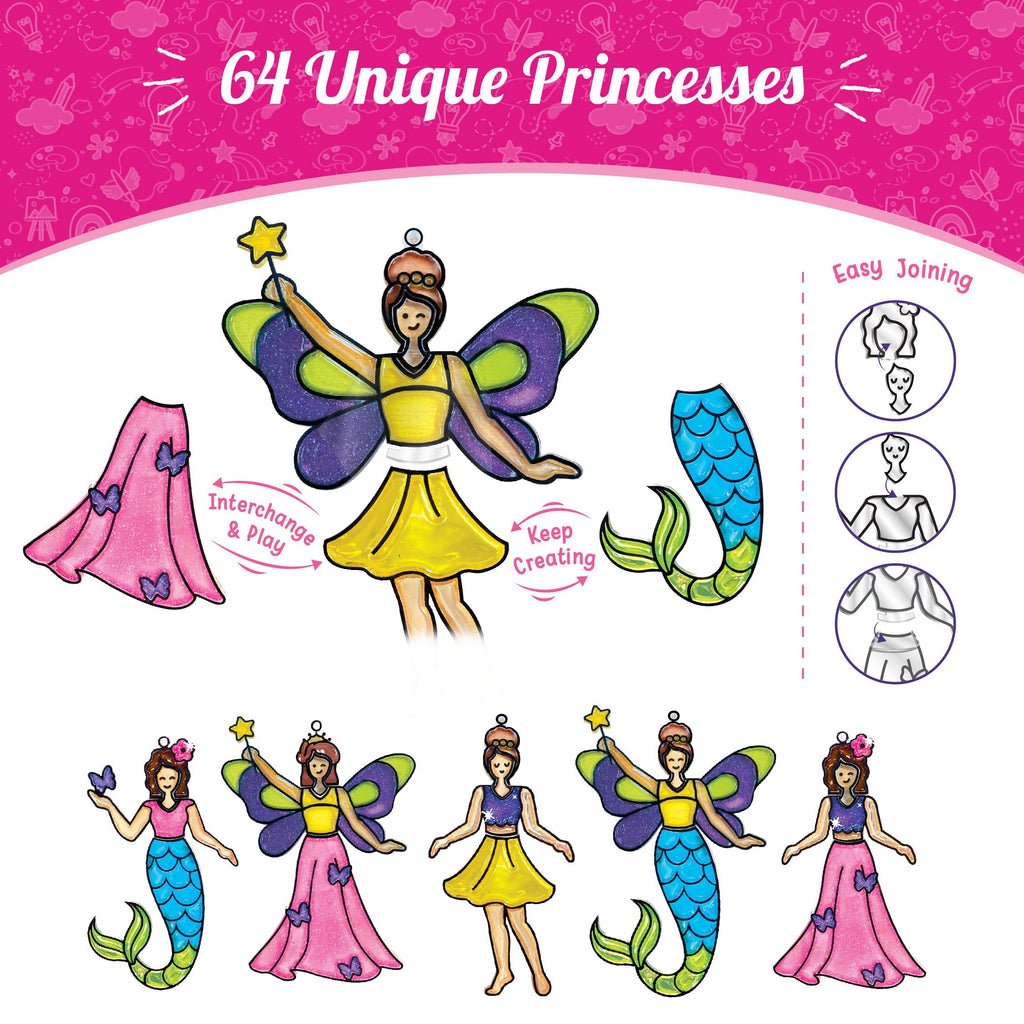Imagimake Window Art - Princess, Mermaid, Unicorn 16 Pieces Suncatcher Kit | Stained Glass Painting Craft Activities for Kids, Creative DIY Window Clings, 5,6,7,8,9,10,12 Years Old Girls Birthday Gift