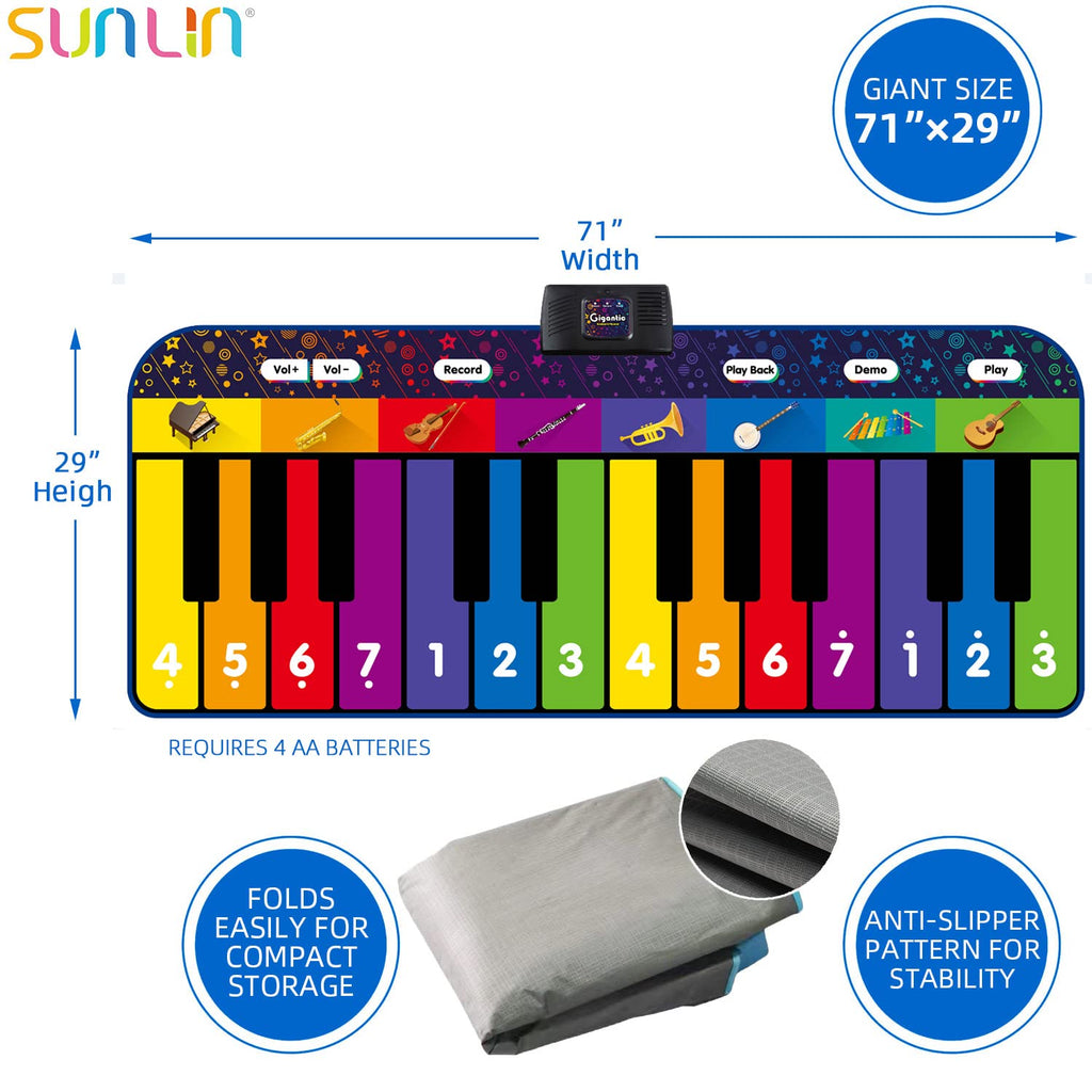 SUNLIN 6ft Floor Piano Mat for Kids Age 3-8, Giant Dance Mat for Toddlers | 24 Keys, 8 Instrument Sounds, 10 Built-in Songs, Record & Playback, Song Booklet, Musical Toy Gift for Boys Girls Age 3 4 5 6