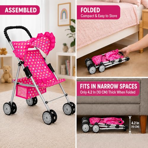 My First Baby Doll Stroller for Kids – Foldable Toy Stroller for 18 Inch Dolls with Storage Basket, Double Wheels & Canopy – Pretend Play Toy Stroller