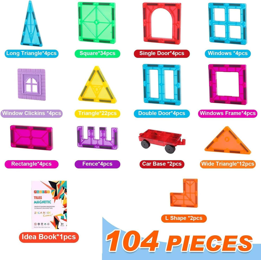 OugerToy 104PCS Magnetic Tiles STEM Building Blocks for Kids Ages 3-9 | Educational Stacking Toys with Car Bases, Creative Construction Gift for Boys Girls OugerToy