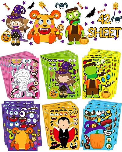 42 Sheets Halloween Party Favors Stickers for Kids, Halloween Crafts Treats | Make Your Own Face Stickers, Non Candy Halloween Goodie Bag Stuffers, Halloween Toys Gifts Activities Prizes for Kids Party