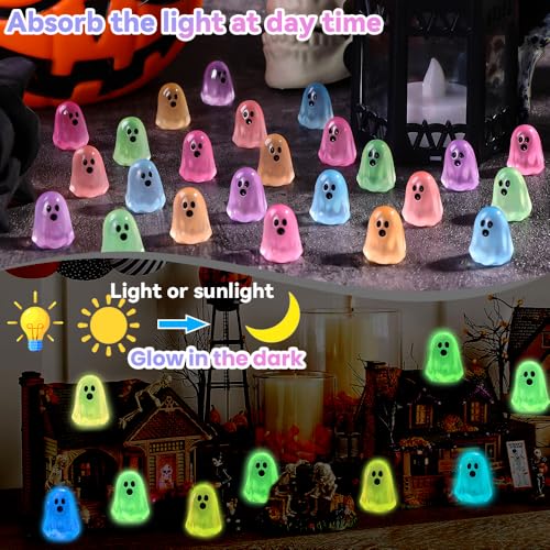 DULEFUN 100pcs Halloween Mini Ghosts Figures, Luminous Small Little Resin Ghost Figurines to Hide Glow in The Dark Tiny Statue for Halloween Party Favors Dollhouse Decorations Toys