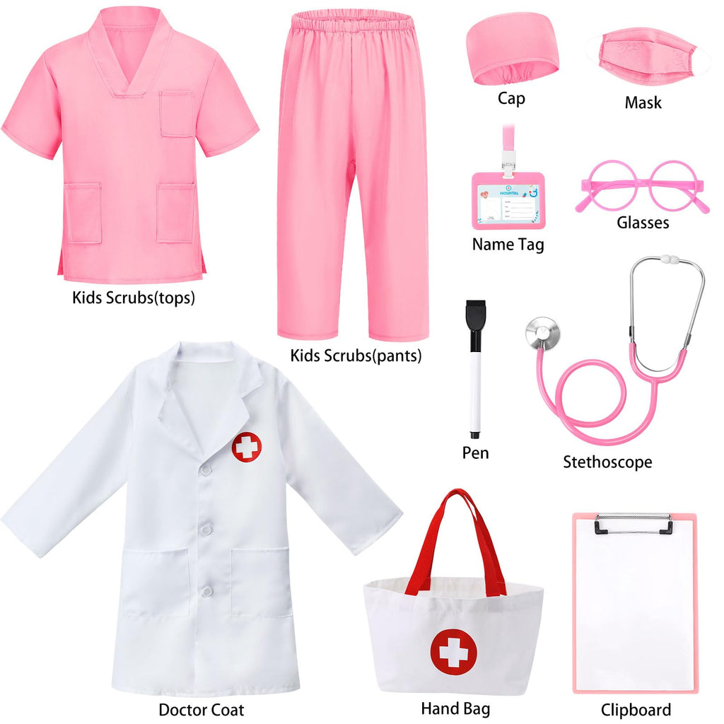 Boutrele 12 PCS Doctor Costume for Kids,Scrubs Nurse Costume for Girls Boys | Kids Doctor Costume,Scrubs with Lab Coat,Career Day Costumes for Kids,Halloween Costume,Educational Pretend Play Doctor Kits