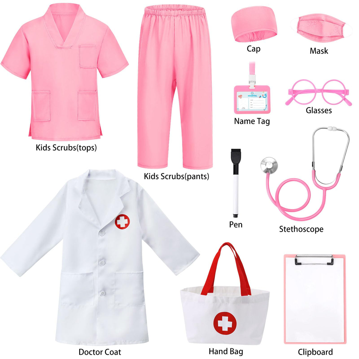 Boutrele 12 PCS Doctor Costume for Kids,Scrubs Nurse Costume for Girls Boys | Kids Doctor Costume,Scrubs with Lab Coat,Career Day Costumes for Kids,Halloween Costume,Educational Pretend Play Doctor Kits