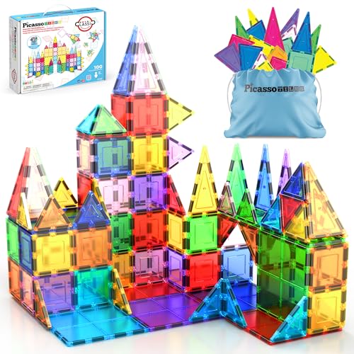 PicassoTiles 100 Piece Magnetic Tiles, Clear 3D Building Blocks for Kids 3+ | No-limit scalable builds, hands-on magnet polarity fun, family group play, quick assemble & store, shape & color recognition