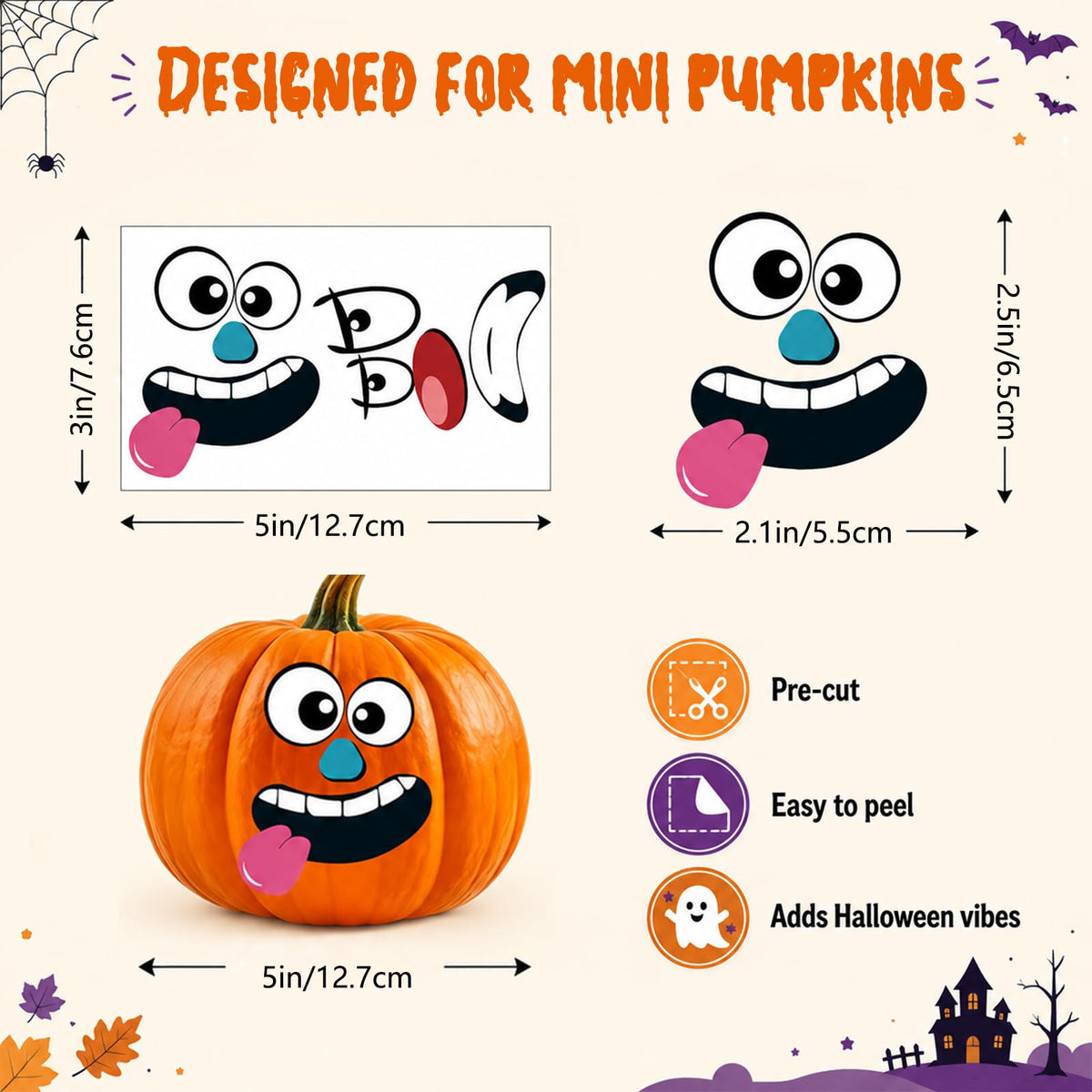 Halloween Mini Pumpkin Decorating Stickers for Kids Toddlers Party Favors | 18 sheets, 36 pack, small, pumpkin face stickers, treat gifts