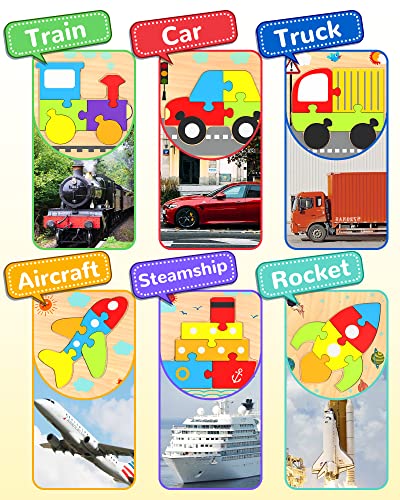 Wooden Puzzles Gifts Montessori Toys for 1 2 3 Years Old Boys Girls | 6 Vehicle Shape Puzzles, Boy Birthday Gift, Montessori Toys Educational Blocks for 1-3, 2-4, Learning Toys