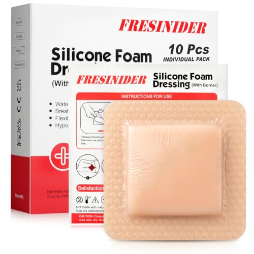 FRESINIDER Silicone Foam Dressing with Adhesive Border – Wound Dressing Bandage – Silicone Foam Pad – Pack of 10 – 4 x 4 Inches Large Waterproof Bandages – Self Adhesive Wound Care and Dressings