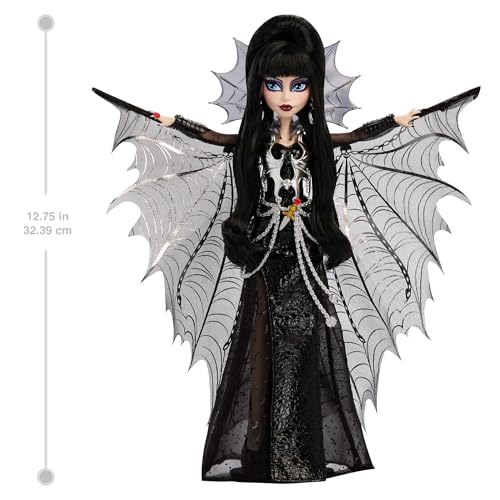 Monster High Skullector Elvira, Mistress of the Dark Doll | Elvira Collectible in Black Faux Leather Dress with Silvery Batwing Cape and Premium Accessories, Doll Stand