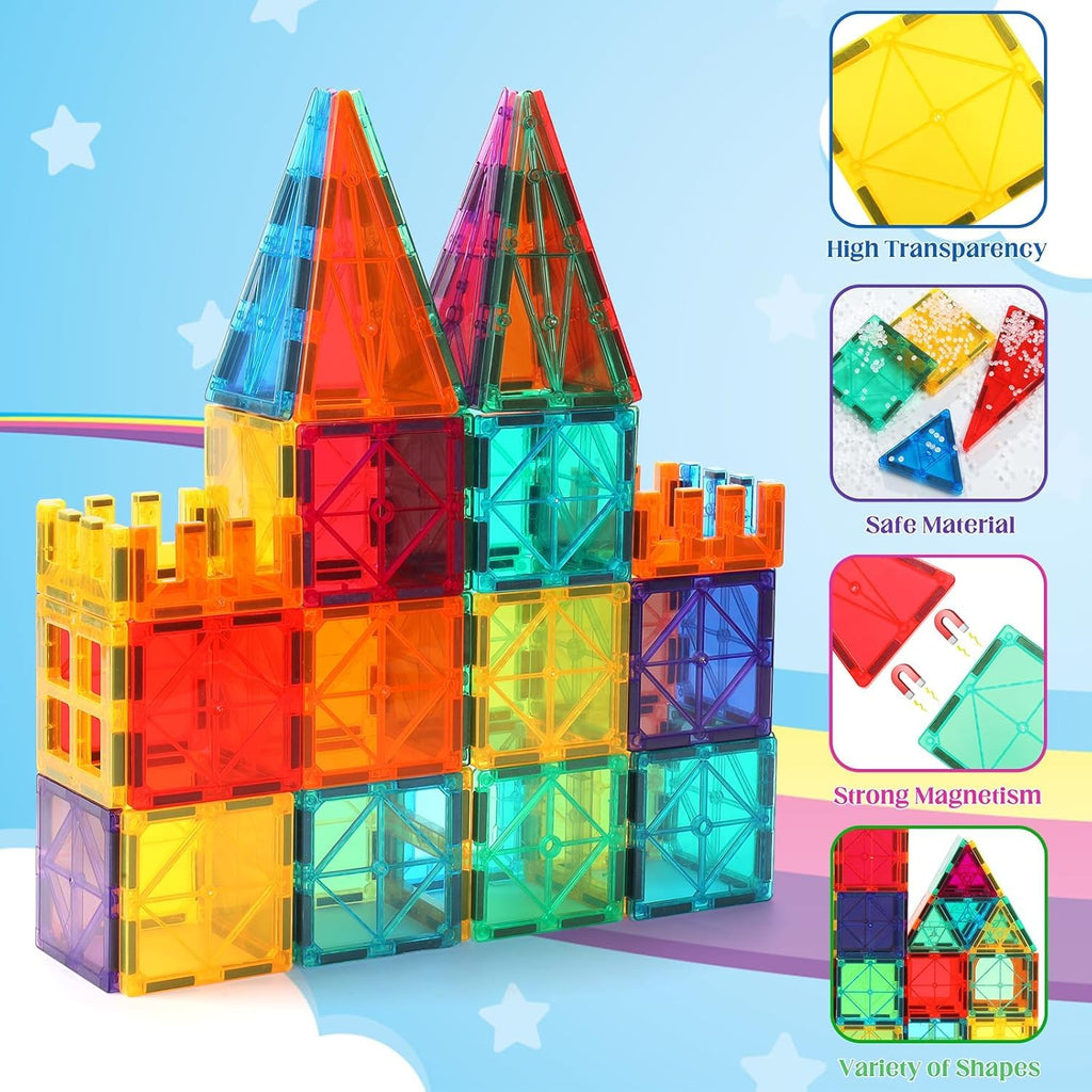 OugerToy 104PCS Magnetic Tiles STEM Building Blocks for Kids Ages 3-9 | Educational Stacking Toys with Car Bases, Creative Construction Gift for Boys Girls OugerToy