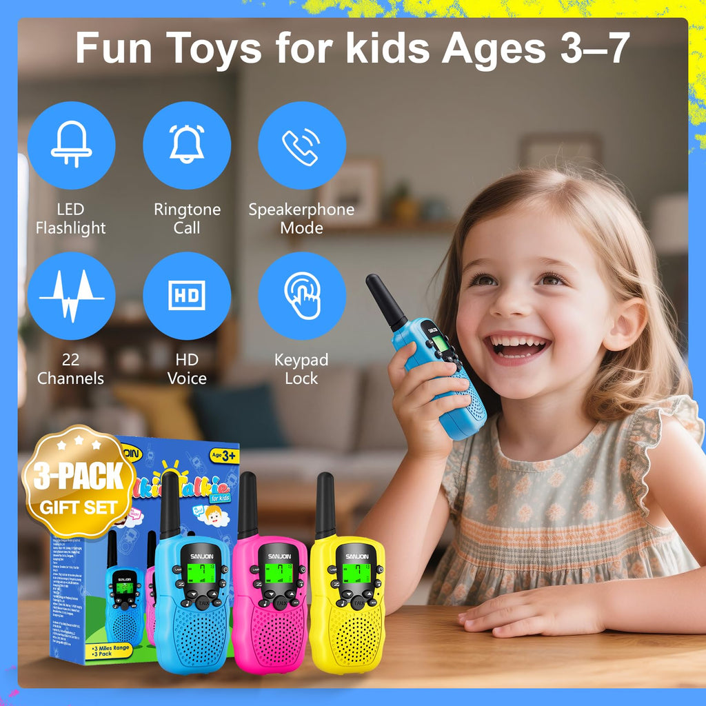 SANJOIN Walkie Talkies for Kids, Birthday Gifts for Girls 4 5 6 7+Years Old | 3 Miles Long Range, Clear Sound, 22 Channels 2 Way Radio to Camping Hiking Outdoor Games Toys for Girls Boys Ages 3-12