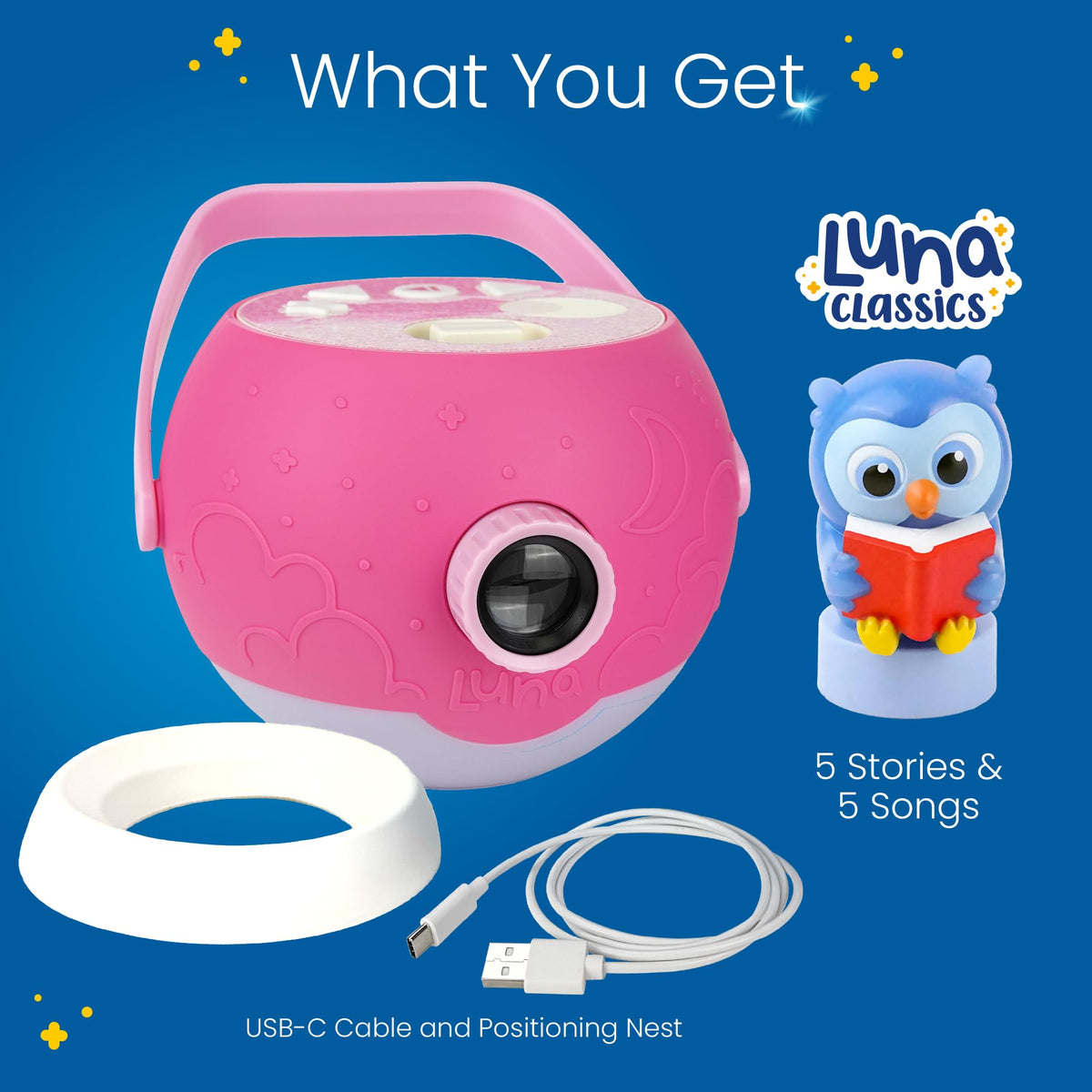 LUNA STORYTIME Kids Pink Book Projector - 5 Read Aloud Fairytale Stories, 5 Songs, Ages 3+