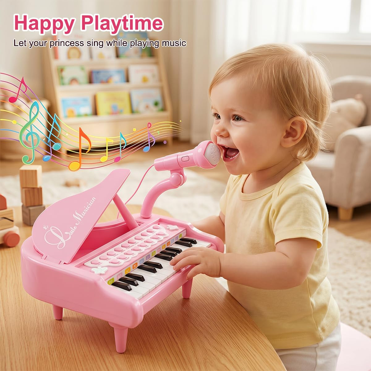 Love&Mini Piano Toys for Girls, 24-Key with Mic, Record & Playback, Ages 3+ | Kids Piano with 22 songs, 8 Percussion Sounds, LED lights, 4 Instrument Modes and Connect to MP3, Phone & Tablet