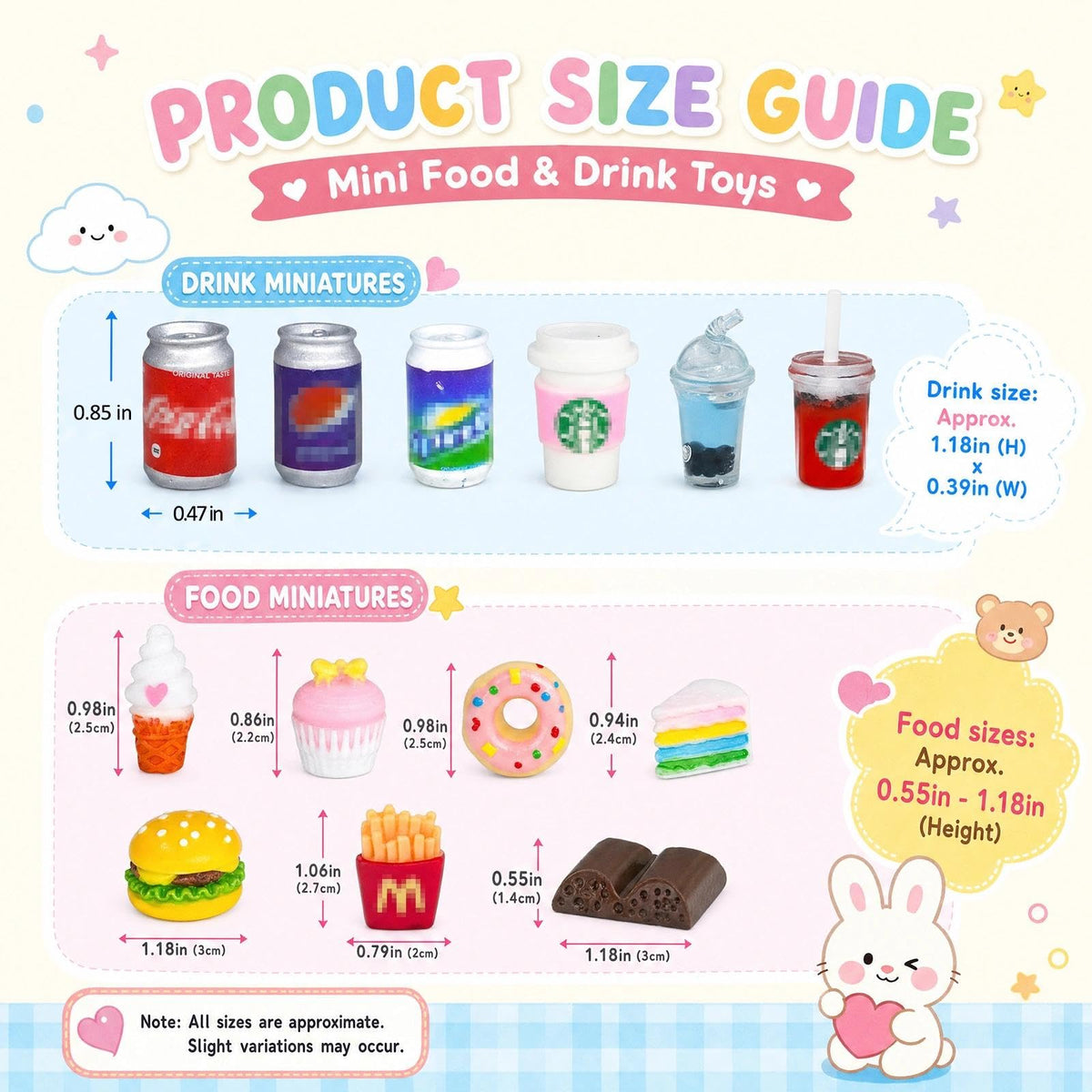 50 Pcs Miniature Food Drink Bottles Soda Pop Cans Pretend Play Kitchen Game Party Accessories Toys Hamburg Cake Ice Cream for 1/12 Doll House (25Food+25Drink)