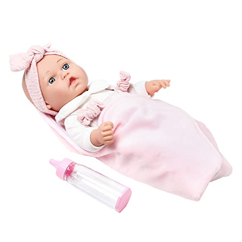 Enjoyin 12'' Baby Doll in Gift Box with Pink Cloths, Pacifier, 13''x13'' Microfabric Blanket, and Feeding Bottle. Gift Idea for Kids