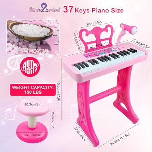 Love&Mini Kids Piano Keyboard Toys for Girls | 37-Key Kids Piano Keyboard with Stool, Stand & Microphone, Pink Piano Toys for Girls Ages 3+