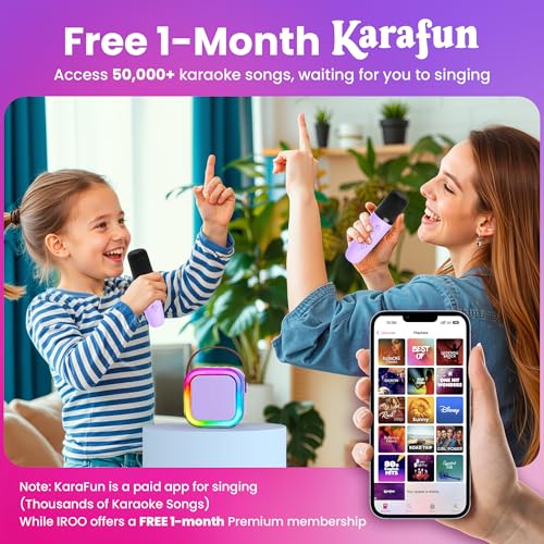IROO Mini Karaoke Machine for Kids, Birthday Gifts Toys for Girls Ages 3-12 | 2 Wireless Mics, 5 Voice Effects & 1-Month KaraFun Premium, Bluetooth Speaker, Portable MP3 Player For Family Home Party
