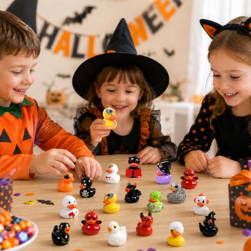 DULEFUN 61Pcs Halloween Mini Resin Duck Figures Halloween Party Favors Gift | Cute Small Little Duckies Statues Bulk Set for Office Desk Tiered Tray Decor Halloween Party Supplies Decoration