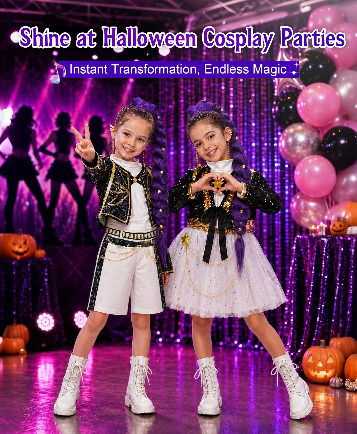 Behufun Girls Halloween Costume, Pop Singer Costume, Top Pants with Purple Braid for Cosplay Birthday Party, 4-12 Years