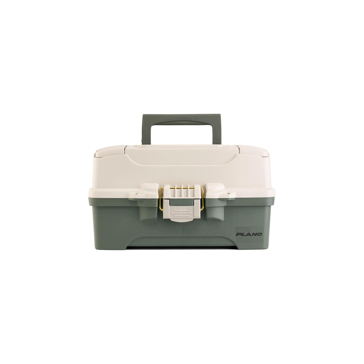 Plano Two-Tray Tackle Box, Green/Tan, Rust-Proof Brass Latch, Top-Access Tray with Deep Storage, Made in the USA, Portable Fishing Gear Storage Organizer