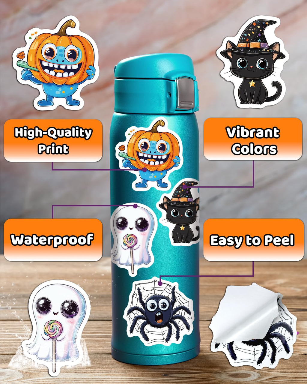 JCFIRE Halloween Stickers for Kids, 100 PCS Halloween Party Favors | 100 unique 2.3 in waterproof vinyl stickers for goodie bags, treat bags, crafts, water bottles and party favors