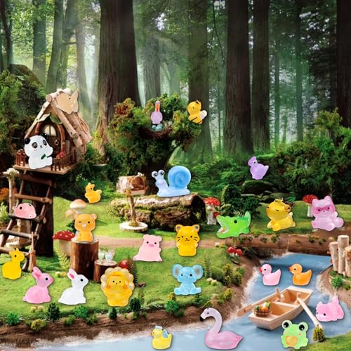52Pcs Luminous Mini Resin Animals 52 Styles Miniature Glow in the Dark Resin Animal Figures to Hide Tiny Small Little Ducks Turtles Dinosaurs and Frogs for Micro Landscape Dollhouse Fairy Garden Decor