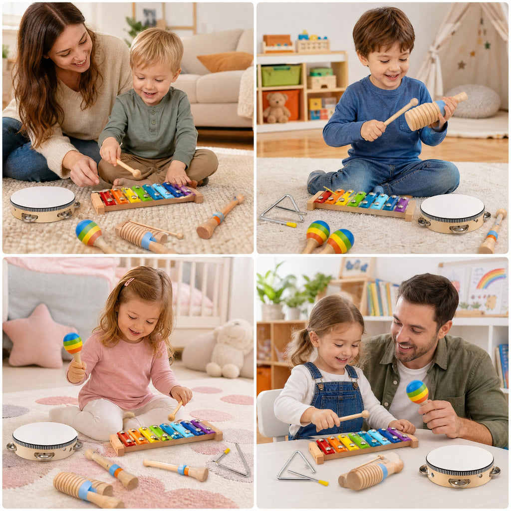 Montessori Wooden Musical Instruments Toys for Kids,Educational Drum Set for Kids with Xylophone & Maracas and More,Preschool Music Toys for Boys and Girls,Christmas Birthday Gift