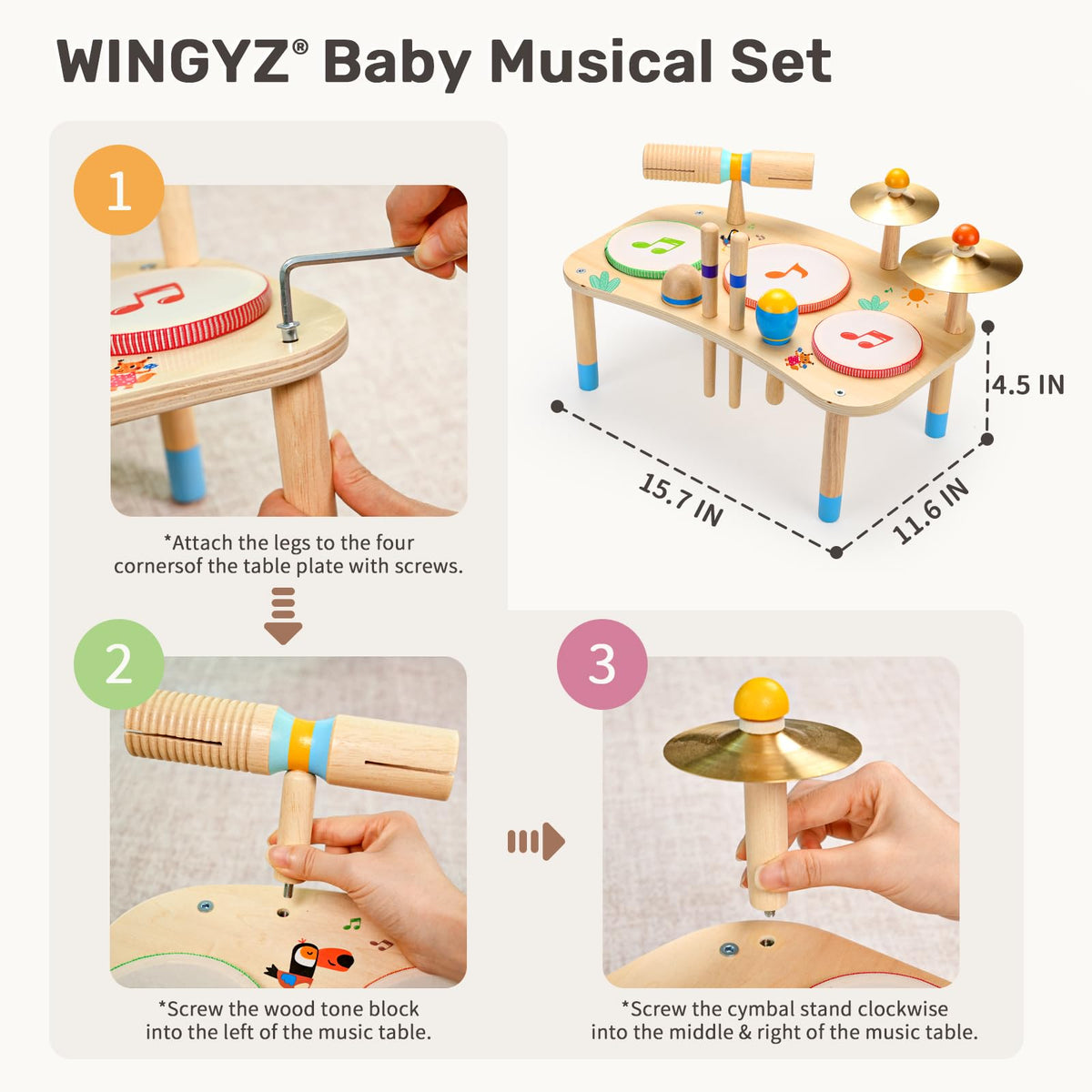 Wingyz Kids Drum Set, 11-in-1 Wooden Musical Instruments for Toddlers | Low-noise Montessori Music Toys with Drums, Cymbals, Maracas and Wrist Bells for Rhythm play,1st birthday gifts