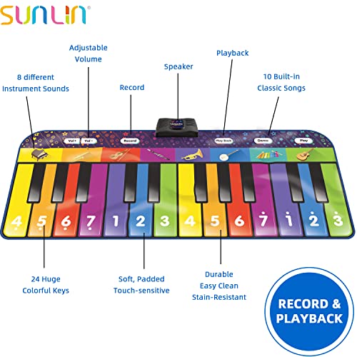 SUNLIN 6ft Floor Piano Mat for Kids Age 3-8, Giant Dance Mat for Toddlers | 24 Keys, 8 Instrument Sounds, 10 Built-in Songs, Record & Playback, Song Booklet, Musical Toy Gift for Boys Girls Age 3 4 5 6