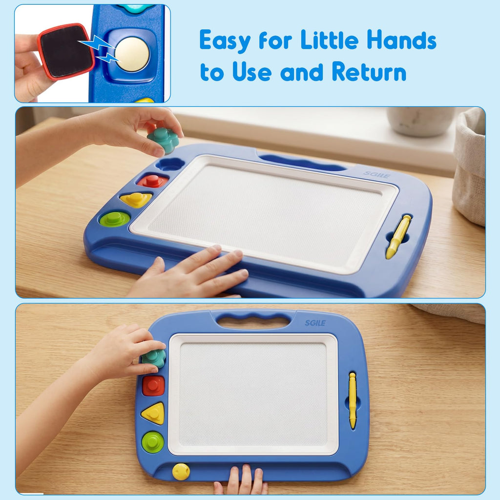 SGILE Magnetic Drawing Board for Kids, Toddler Doodle Toys, Large 16 × 13" | Etch & Sketch Pad with 4 Magnet Stamps, Girls & Boys' Birthday Gift,1-4 Year Old, Learning & Educational, Writing Play, Blue