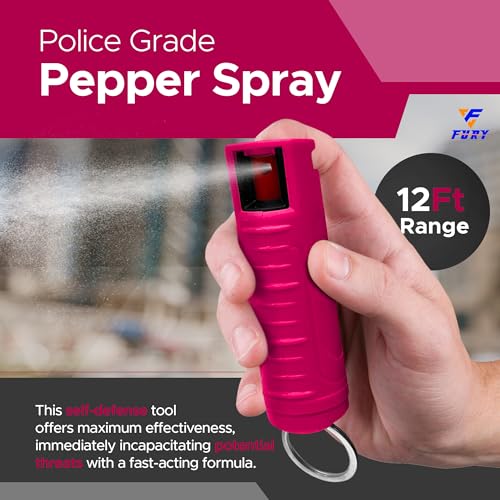 FURY Hardshell Pepper Spray - 12Ft Range, Max Strength, UV Dye Identifier, Anti-Leak & Anti-Misfire, Slidetop Trigger, Belt Clip & Key Ring, Multiple Color Options, Self-Defense Spray