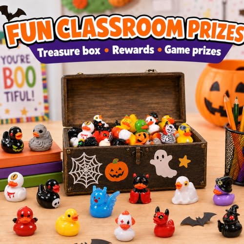 DULEFUN 61Pcs Halloween Mini Resin Duck Figures Halloween Party Favors Gift | Cute Small Little Duckies Statues Bulk Set for Office Desk Tiered Tray Decor Halloween Party Supplies Decoration