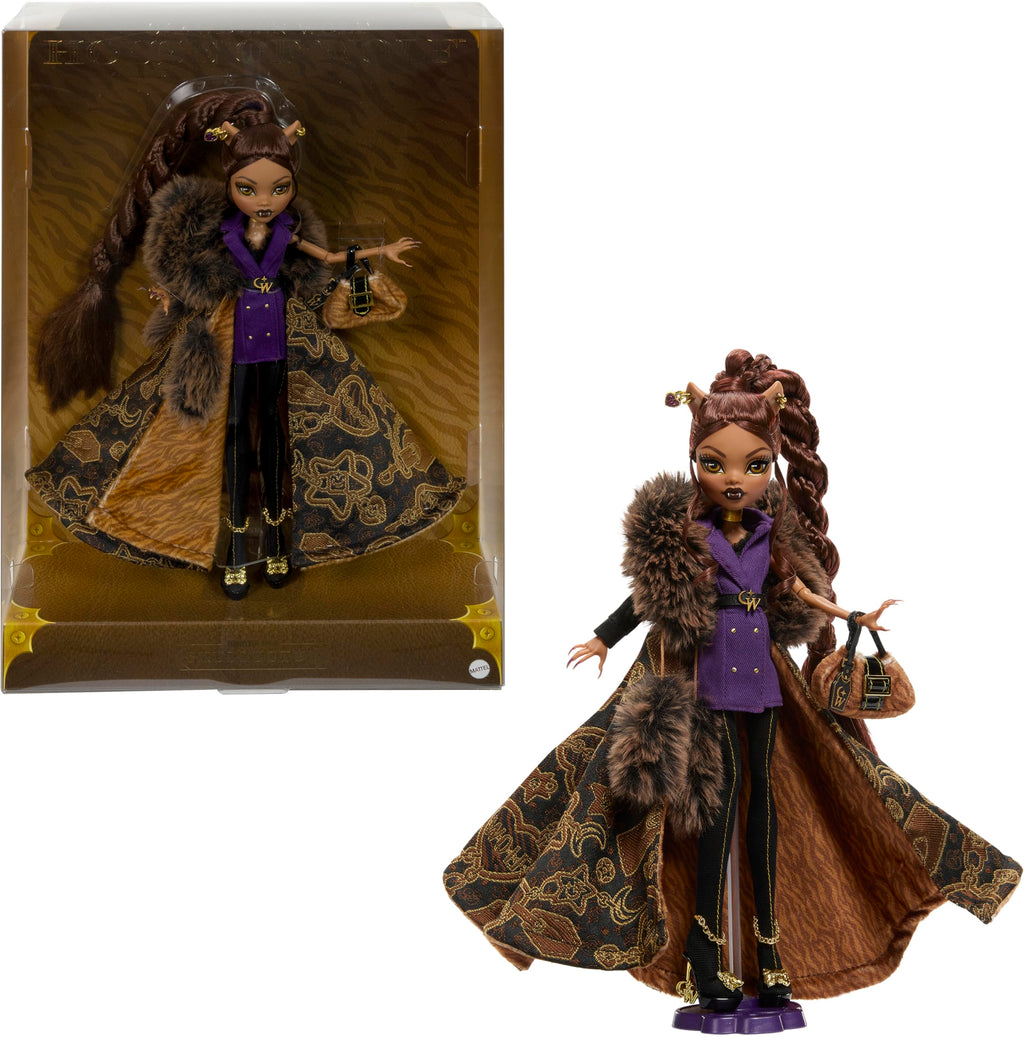 Monster High Doll, Clawdeen Wolf House of Wolf Collectible with Faux Fur Jacquard Coat, Purple Blazer Dress, Pantaboots and Golden Accessories
