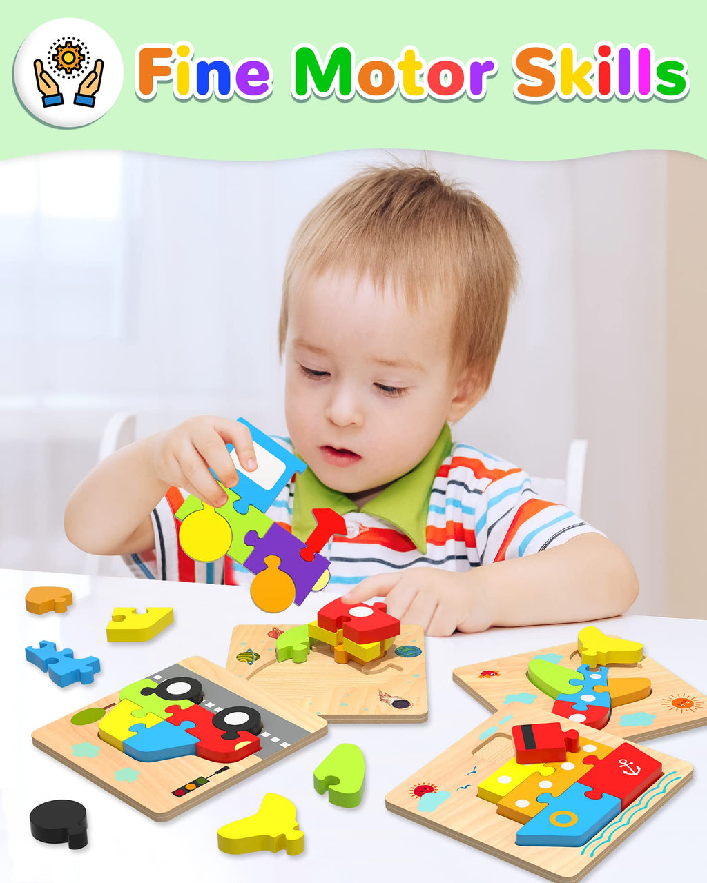 Wooden Puzzles Gifts Montessori Toys for 1 2 3 Years Old Boys Girls | 6 Vehicle Shape Puzzles, Boy Birthday Gift, Montessori Toys Educational Blocks for 1-3, 2-4, Learning Toys