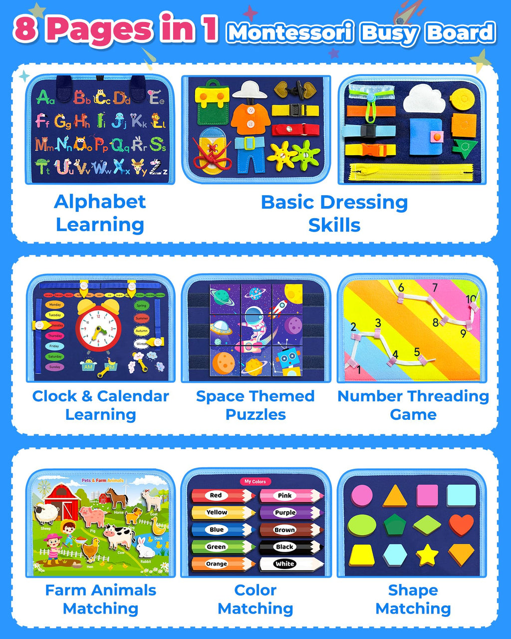 Gojmzo Busy Board Montessori Toys for Toddler Boy Girl Gifts Busy Book | Sensory Toys, Airplane Car Travel Toy, Learning Educational Toys, Activity Book, Toddler Activities, Fine Motor Skills