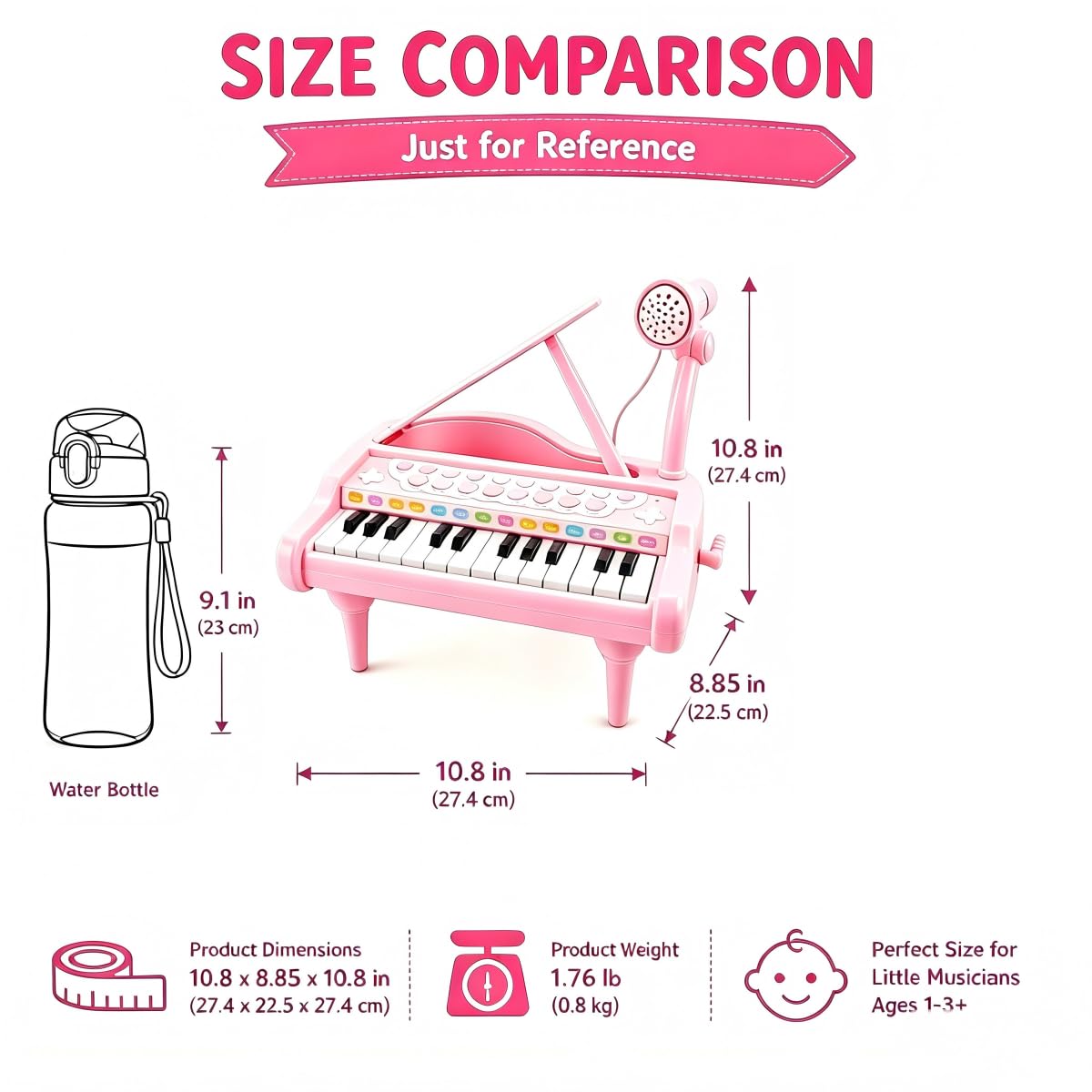 Love&Mini Piano Toys for Girls, 24-Key with Mic, Record & Playback, Ages 3+ | Kids Piano with 22 songs, 8 Percussion Sounds, LED lights, 4 Instrument Modes and Connect to MP3, Phone & Tablet