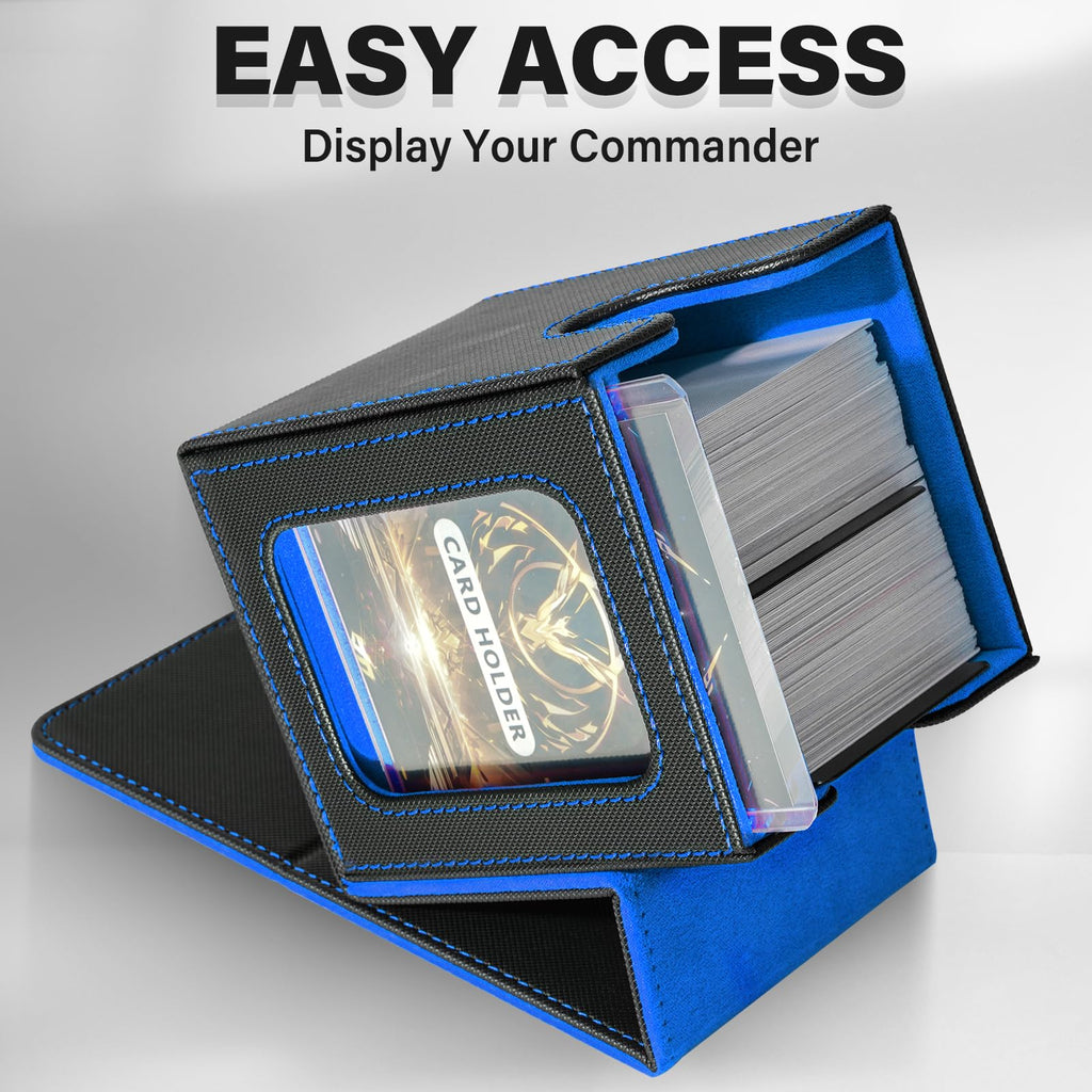 Card Deck Box for MTG Commander, Deck Case Holds 100 Double-Sleeved Cards | Magnetic Card Display Case, Magic Card Storage Box Fits for TCG/PTCG/CCG Card with 2 Dividers & 1 Top Loader,Black&Blue